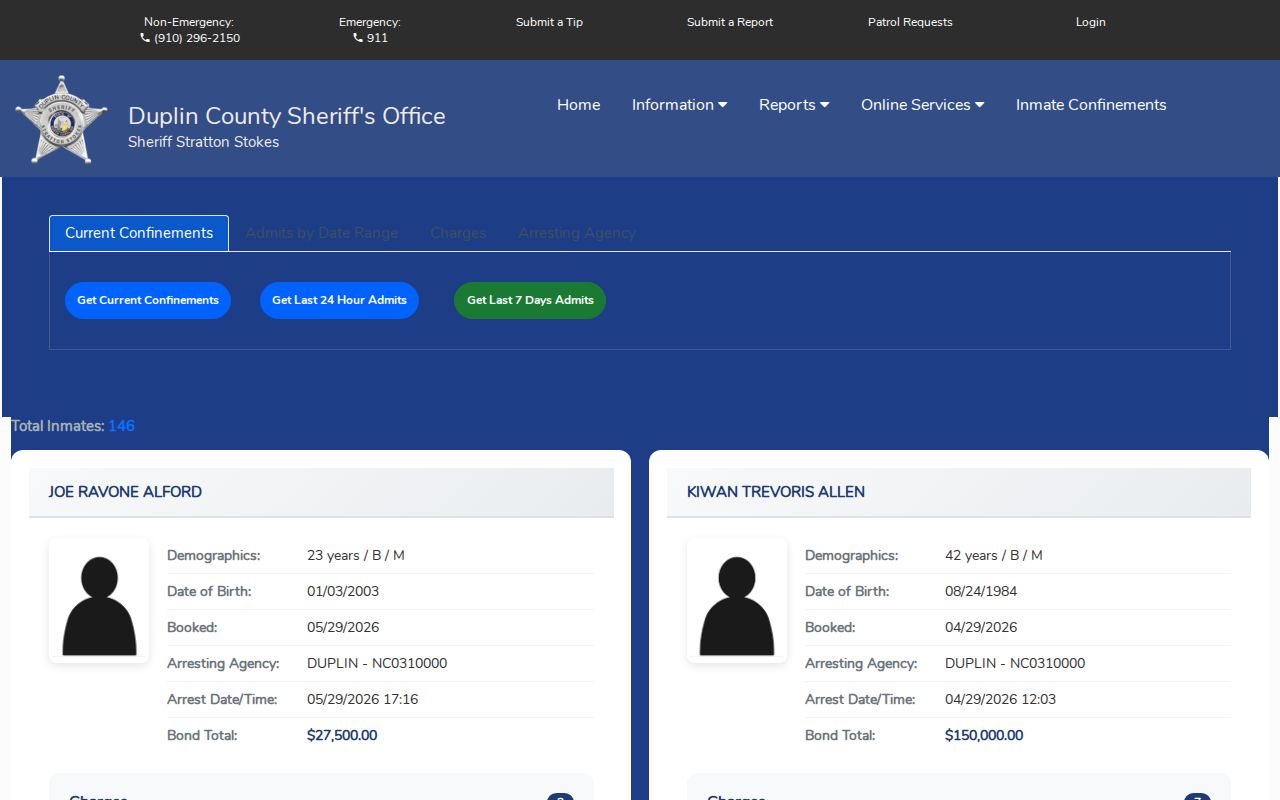 Citizen Connect Duplin County booking search used to verify a fresh admission before VINE updates