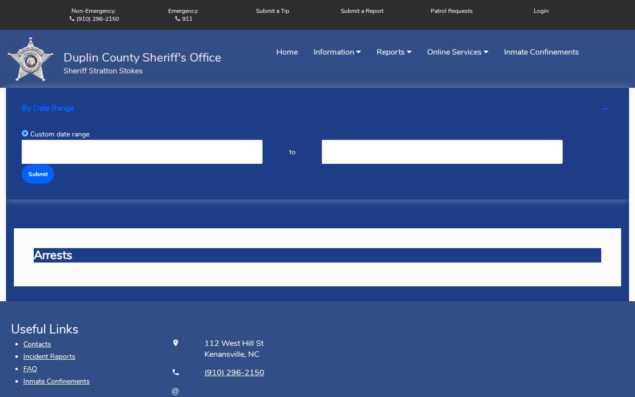 Duplin County Citizen Connect Arrest Search date-range form