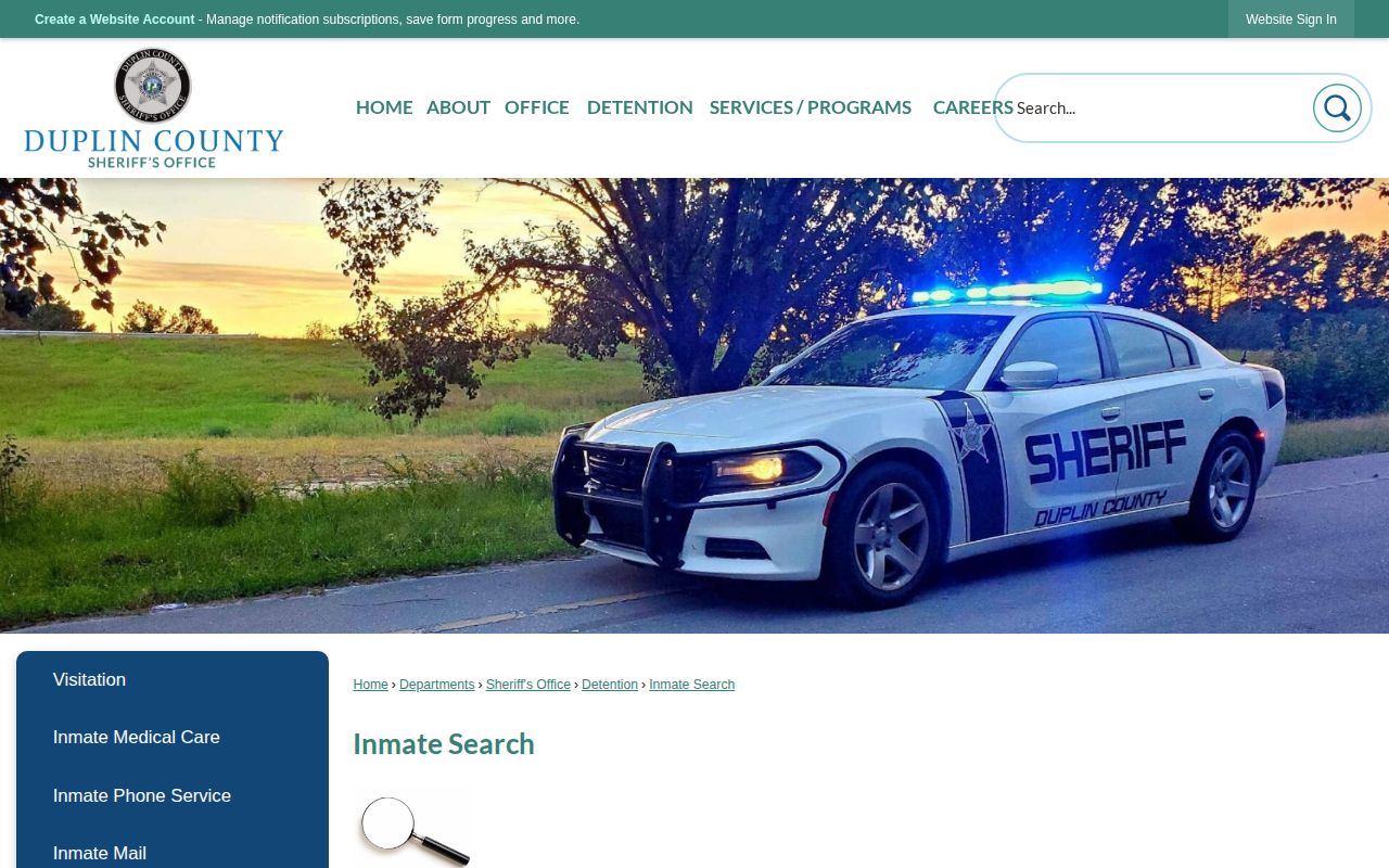 Duplin County Inmate Search page leading to the official Citizen Connect roster