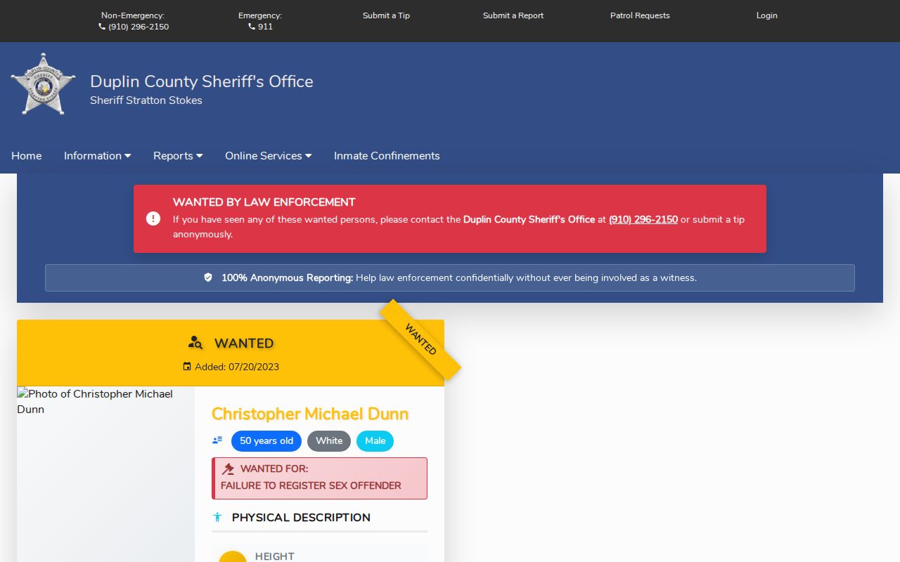 Duplin County Citizen Connect Most Wanted page with public-safety instructions