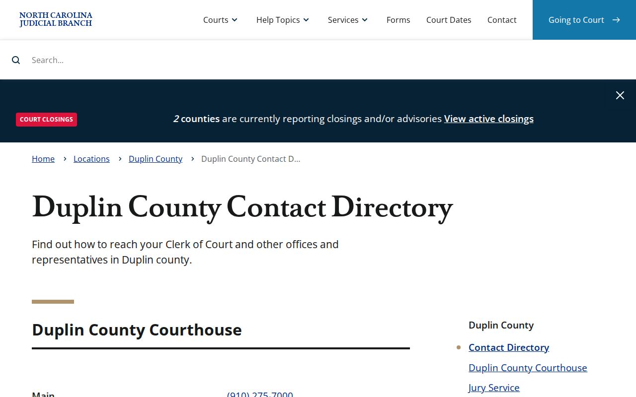 Duplin County court directory for Kenansville arrest case records