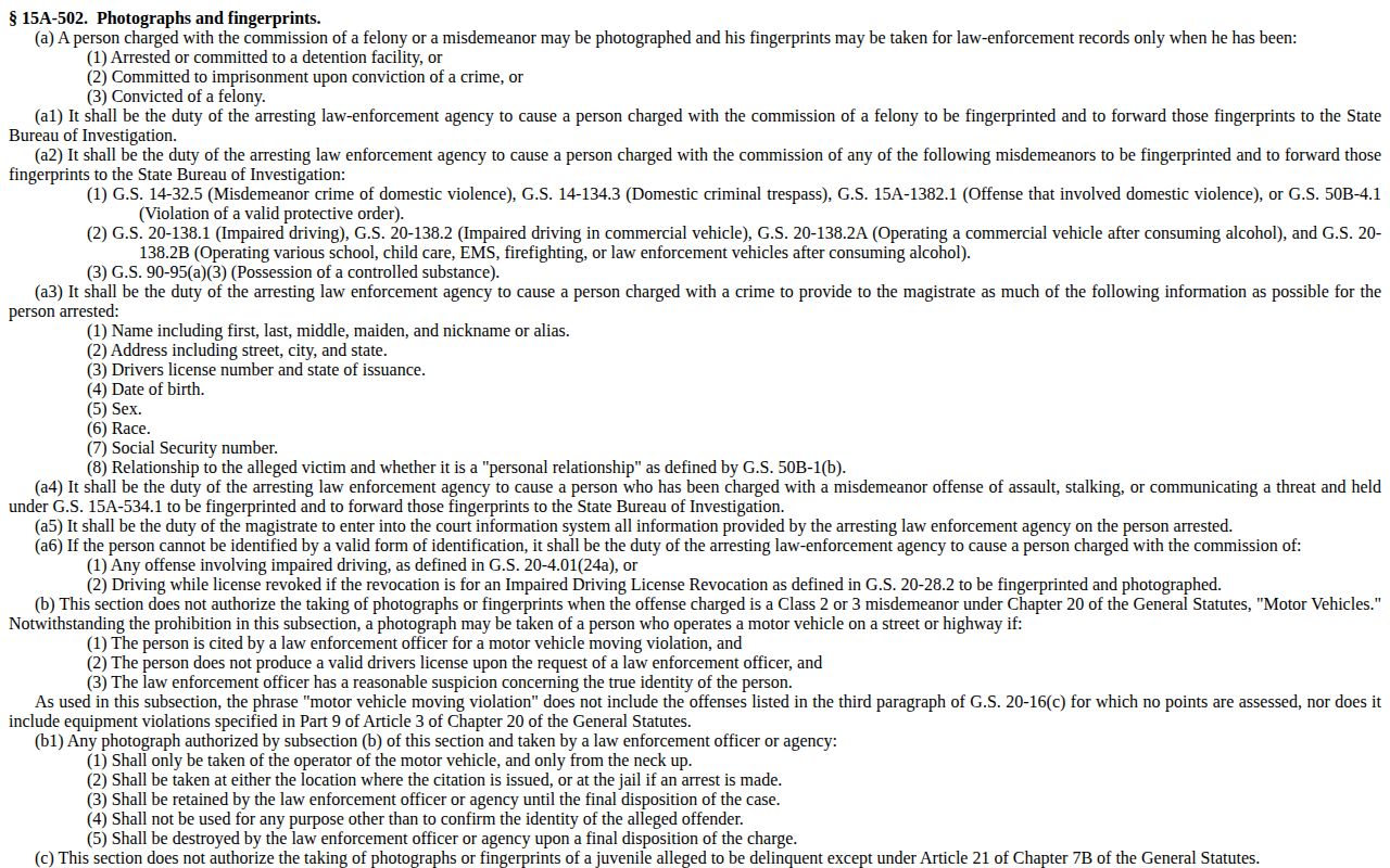 North Carolina General Statute 15A-502 on arrest photographs and fingerprints
